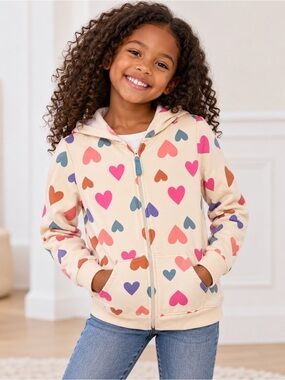 🎀 4/$20 Cat & Jack Girls Cream Hoodie with Hearts Size L